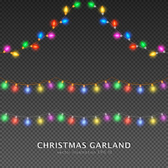 Set of four colorful corner and seamless Christmas garland lights. 3d glowing bulbs on silver and golden wire for decoration. Realistic festive Xmas Garlands string isolated on transparent background.