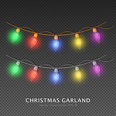 Set of two colorful seamless Christmas garland lights. 3d glowing bulbs on silver and golden wire for decoration. Realistic festive Xmas Garlands string isolated on transparent background.