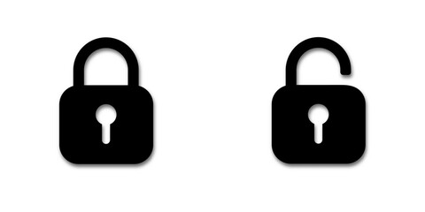 Black lock icons. Open and closed padlock icon. Black symbols lock and unlock on a white background with a shadow. For web site or mobile app. Vector illustration.