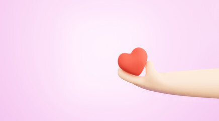 3D Rendering of cartoon hand holding heart icons on palm with empty space for the text. giving love to people, Valentines Day concept.
