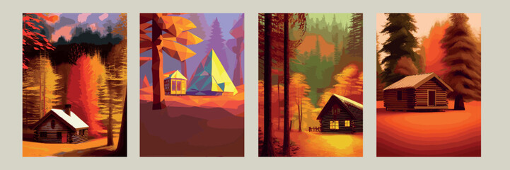 Autumn forest with wooden house on glade. Vector cartoon illustration of deep woods landscape with forester hut, grass and orange trees. Fall scene with cottage