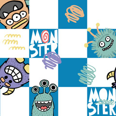Seamless pattern with colorful monsters in a squares