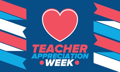 Obraz premium Teacher Appreciation Week in United States. Celebrated annual in May. In honour of teachers who hard work and teach our children. School and education. Student learning concept. Vector illustration