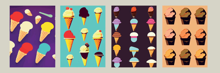 A set of delicious ice cream. Sweet summer treat sundaes, prefabricated insulated ice cream cones and popsicles with different fillings. Vector illustration for web, design, printing.