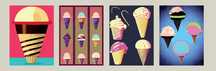 A set of delicious ice cream. Sweet summer treat sundaes, prefabricated insulated ice cream cones and popsicles with different fillings. Vector illustration for web, design, printing.