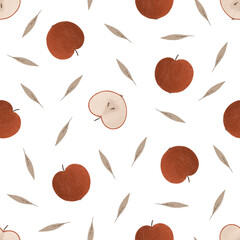 Cute seamless pattern with apples and leaves on a white background