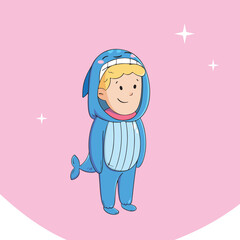 Boy in a whale costume. Happy kid wearing in animal costume. cartoon vector illustration
