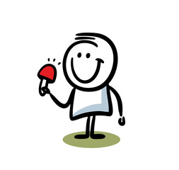 Small kid with red mushroom in his hand.