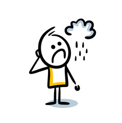 Cute funny character looking on the cloud with the rain drops in the sky.