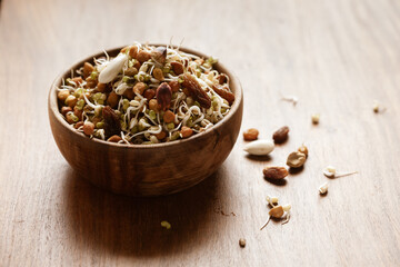 Close-up of A mix of organic sprout seeds sprouting ( germinating) bowl contains almond, groundnut, black gram, wheet, fenugreek and mung beens,  in bowl in the studio
