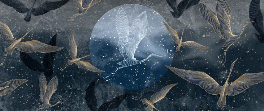 Fototapeta Dark blue luxury art background with line style birds on moon background. Animal hand drawn vector banner for wallpaper design, decor, print, packaging, interior design, textile.