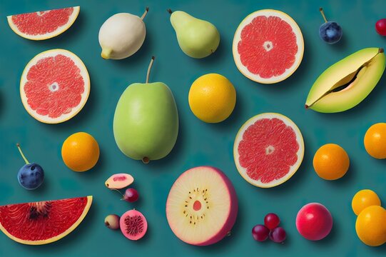 Digitally Generated Image Of Various Fruits With Anthropomorphic Faces Over Blue Background. Digital Composite, Creative, Healthy Food And Weaning Concept.