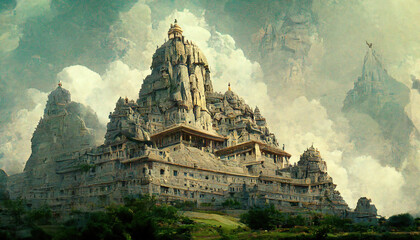 Image générée par IA d& 39 un ancien temple hindou en marbre blanc dans l& 39 Himalaya