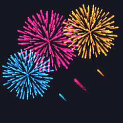 Set of eight fireworks isolated on black background. Vector format