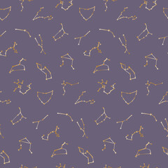 Seamless pattern of the constellations of the Zodiac in gold color. Horoscope on a dark background. Astrological vector illustration for design.