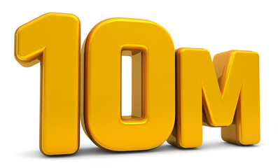Golden 10M isolated on white background. 10M 3d. Thank you for 10 Million followers 3D gold. 3D rendering