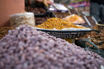 Exhibition in a street store in Beni Mellal (Morocco) where they sell dried fruits, such as walnuts, dates, legumes, etc.