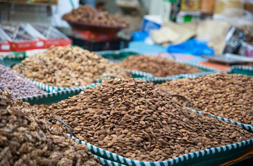 Arab dried fruit exhibition in the city of Beni Mellal (Morocco), where they sell almonds, walnuts, dates and all kinds of similar products.
