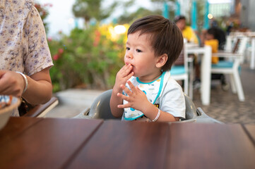 One year old baby boy having a meal in the restaurant with his mother