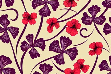 Hawaiian tribal elements and hibiscus fabric patchwork abstract vintage 2d seamless pattern