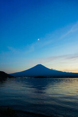 Fuji and the moon at beautiful dusk