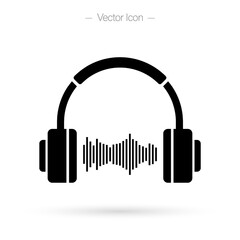 Headphone icon with sound wave pulse. Minimal design to isolated vector.