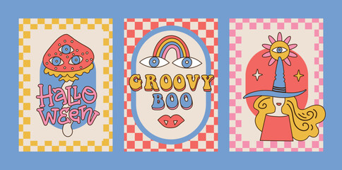 Set of hand drawn groovy Halloween A4 posters or cards. Hippie invitation banner design in modern vintage groovy 70s style wilth lettering and font text. Vector illustration