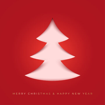 Papercut Christmas tree on a red background. Simple New year background. Design elements for holiday cards