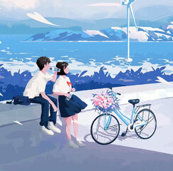 girl and boy on a bicycle anime digital art illustration painting wallpaper