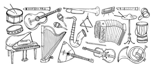 Large set musical instruments hand drawn style. Vector black and white doodle illustration - obrazy, fototapety, plakaty