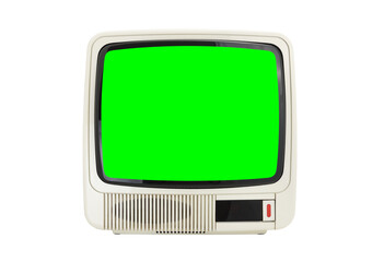 Old vintage white TV with green screen isolated on white background.