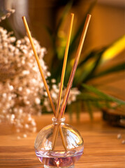 fragrance for home decor close-up. Autumn Scene. Bamboo Stick diffuser. Fragrant air freshener...