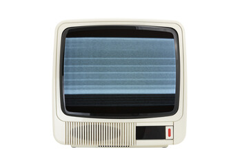 Old white TV from the 90s with noise on the screen.Retro technology concept.