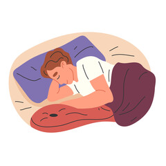 Sleeping man, lying relaxing asleep male character in bed with pillow and blanket flat png illustration