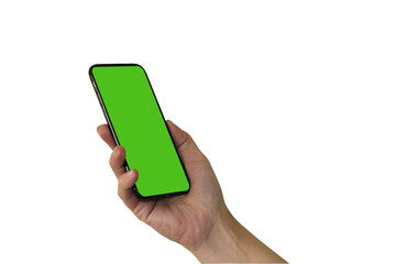 A woman's hand holds a smartphone with a green screen. Isolated object on a white background....