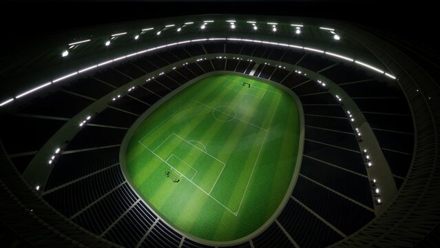 An empty football stadium, viewed from the top. Virtual 3D render scene with lighting and textures.