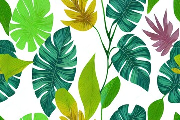 Original seamless tropical pattern with bright plants and leaves on a white background. Seamless pattern with colorful leaves and plants. Exotic wallpaper. Hawaiian style.