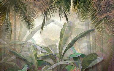 tropical trees and leaves for digital printing wallpaper, custom design wallpaper - 3D illustration
 - obrazy, fototapety, plakaty