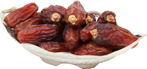 Islamic festival of Ramadan concept. with a delicious tropical dates on a silver plate and on white isolated background. Traditional Middle East culture. Ramadan Kareem transparent png image