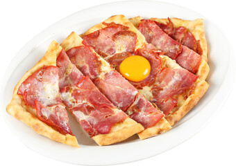 Turkish traditional Karadeniz pide with beef bacon. Pastirmali pide. Isolated on white background transparent png image
