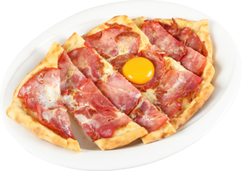 Turkish traditional Karadeniz pide with beef bacon. Pastirmali pide. Isolated on white background transparent png image