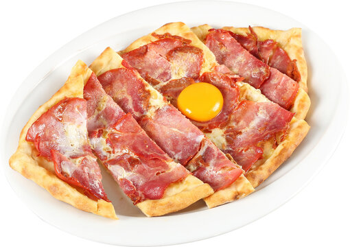 Turkish traditional Karadeniz pide with beef bacon. Pastirmali pide. Isolated on white background transparent png image