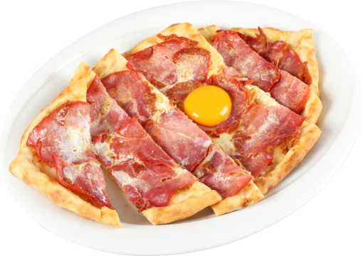 Turkish traditional Karadeniz pide with beef bacon. Pastirmali pide. Isolated on white background transparent png image