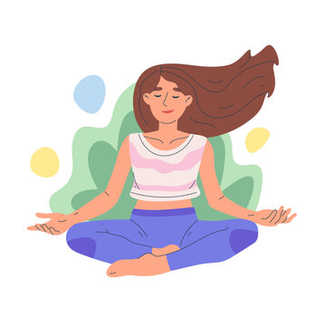 Cartoon tranquil meditating female character, breath training and practicing yoga in lotus pose flat symbols png illustration