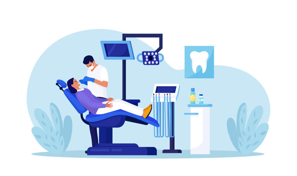 Stomatology, dental clinic. Dentist appointment, dentistry checkup, oral care procedures. Patient dental examination. Doctor in uniform treating human teeth using medical equipment. Caries treatment