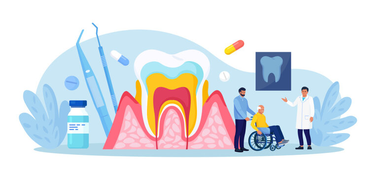 Periodontal disease. Doctor dentist checking tooth, examines patient with periodontitis. Dentistry and healthy teeth. Hygiene oral care. Stomatology. Medical dental checkup. Inflammatory gum disease