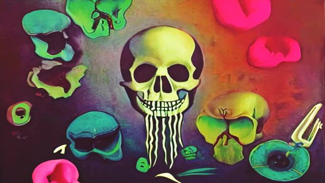 Generative AI colorful animation of tattoo painting of skeletons and skulls. Digital image painted illustration of Halloween videoloop cubist style with markers.