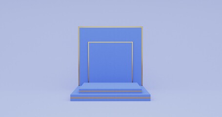 Square luxury blue color and golden accessories empty podium stage pedestal for product placement for showcase 3D Render 8k high Resolution