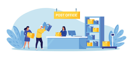 Fototapeta na wymiar Post delivery office. Postman giving parcel to customer in postal department. Man and woman stand in queue on reception desk with worker giving mail package. Correspondence delivery service, postage