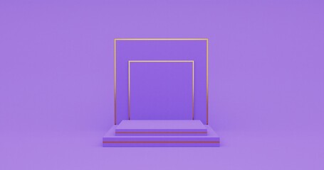 Square luxury purple color and golden accessories empty podium stage pedestal for product placement for showcase 3D Render 8k high Resolution